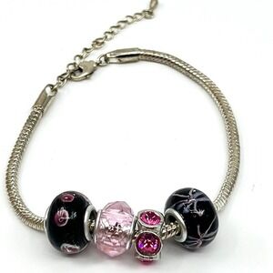 Vintage Y2K Pink & Black Murano Style Glass Bead Snake‎ Chain Charm Bracelet